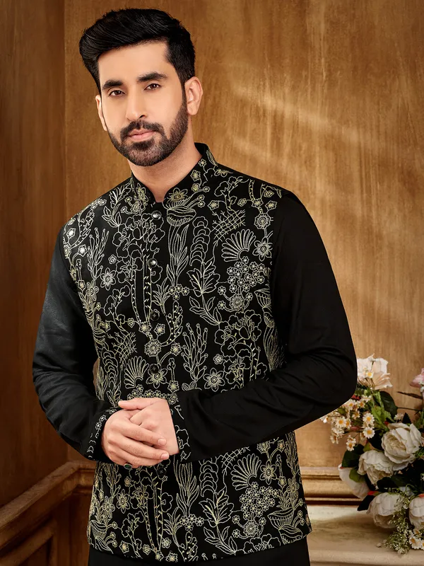 Sleek black resham waistcoat set for the modern gentleman