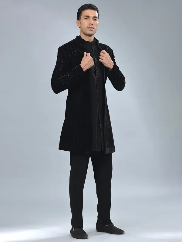 Smashing black velvet indowestern for men