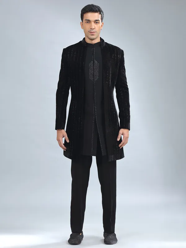 Smashing black velvet indowestern for men