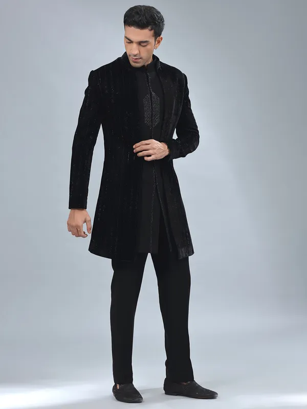 Smashing black velvet indowestern for men