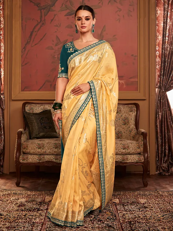 Soft dola silk light yellow saree