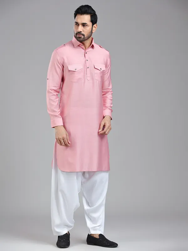 Soft light pink sophasticated pathani with salwar