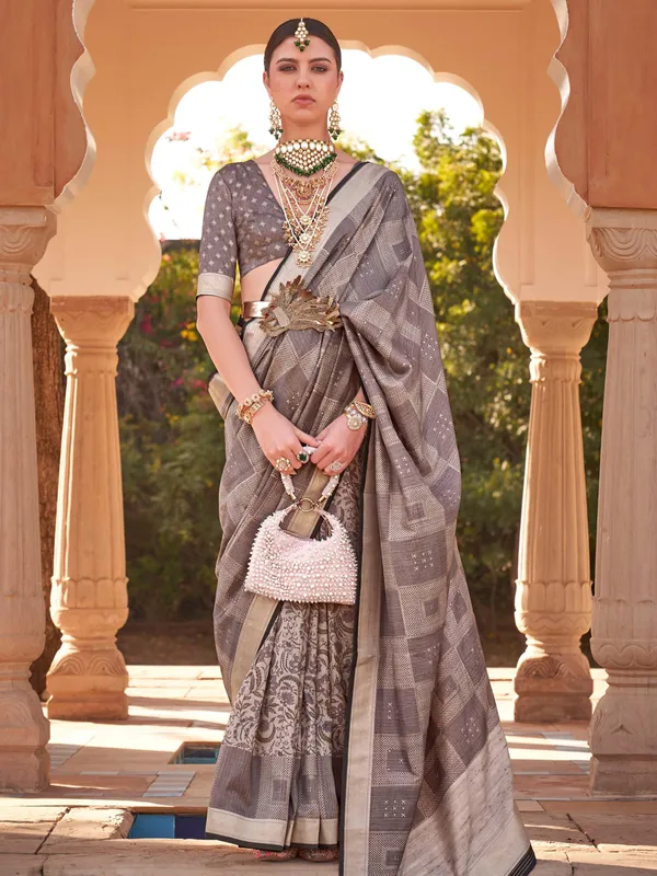 Soft silk grey printed saree
