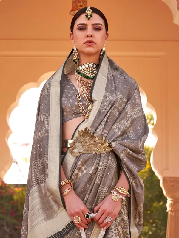 Soft silk grey printed saree