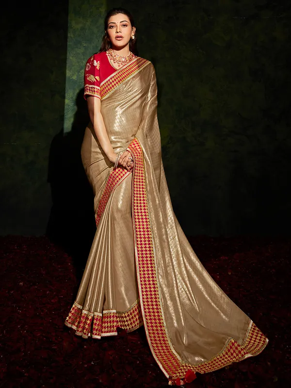 Soft silk party wear beige color saree