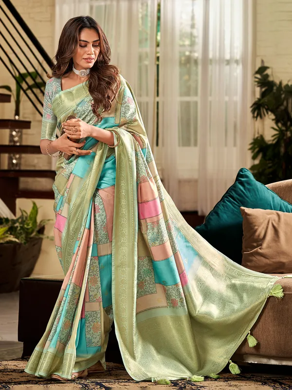 Soft silk pista green printed saree
