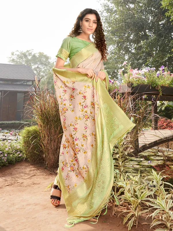Soft silk printed beige and pista green saree