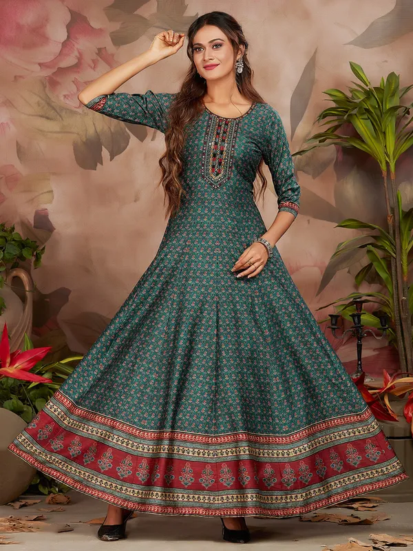 Soft silk teal green long kurti