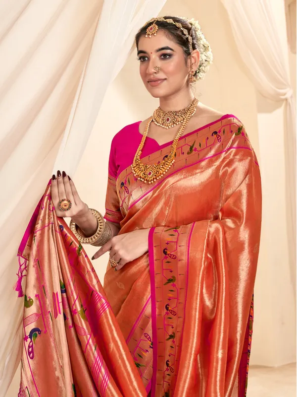 Soft tissue silk orange wedding wear saree