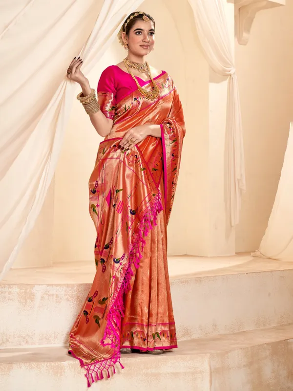Soft tissue silk orange wedding wear saree