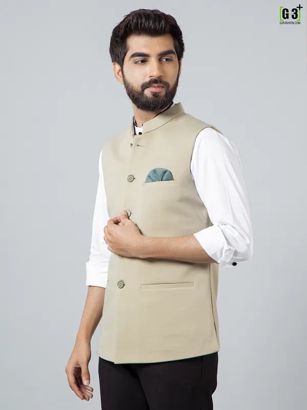 Solid beige cotton silk fabulous waistcoat for men