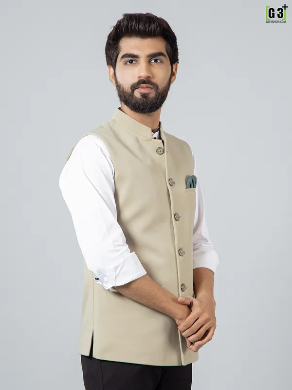 Solid beige cotton silk fabulous waistcoat for men