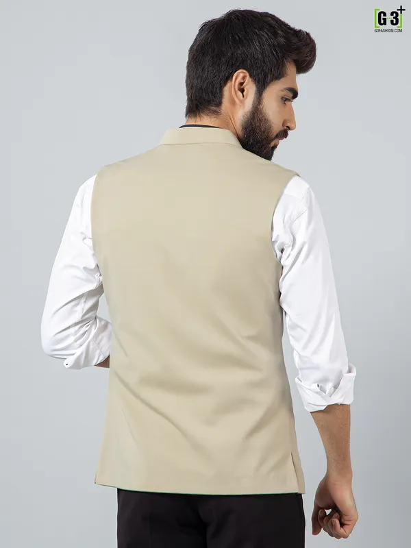 Solid beige cotton silk fabulous waistcoat for men