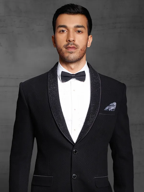 Solid black colored terry rayon tuxedo coat suit for men