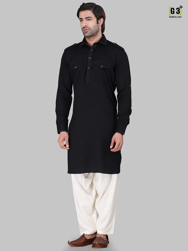 Solid black cotton rayon pathani suit