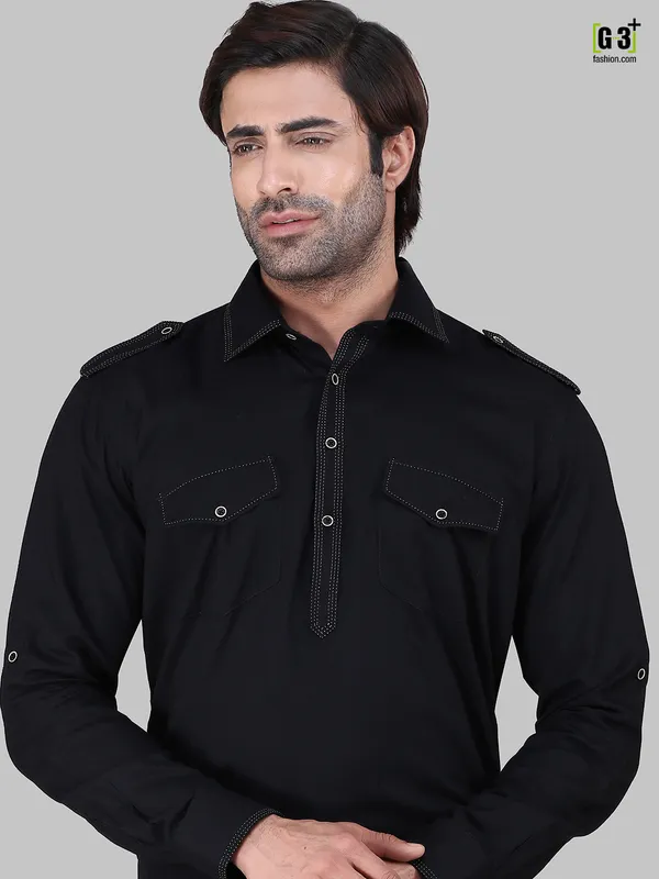 Solid black cotton rayon pathani suit