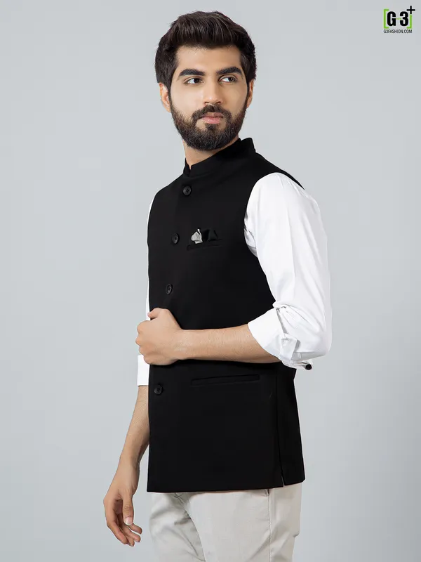 Solid black cotton silk party wear waistcoat for men