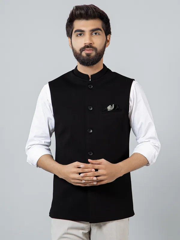 Solid black cotton silk party wear waistcoat for men