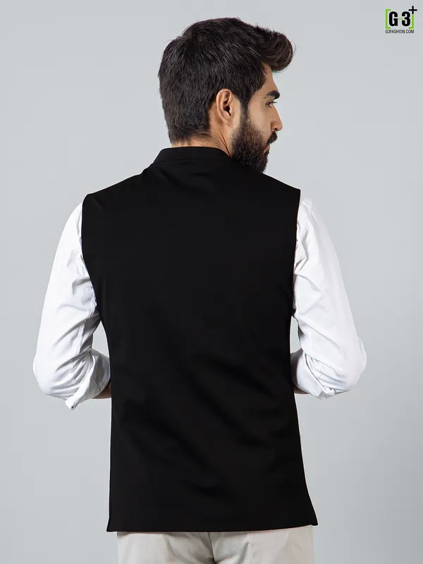 Solid black cotton silk party wear waistcoat for men