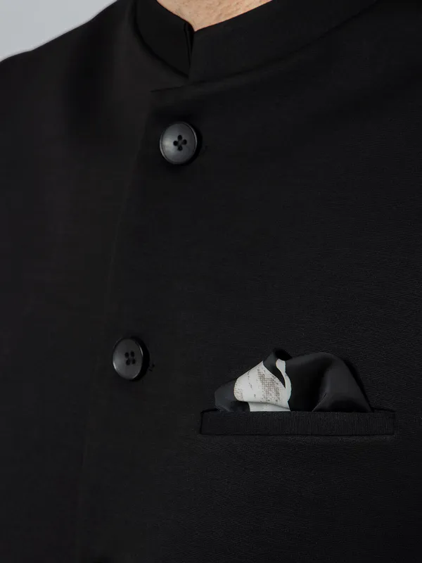 Solid black cotton silk party wear waistcoat for men