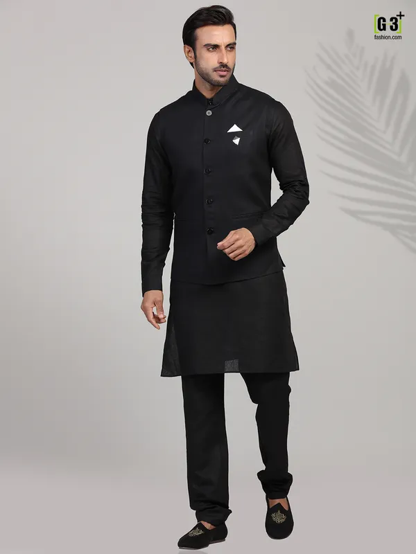 Solid black linen waistcoat set