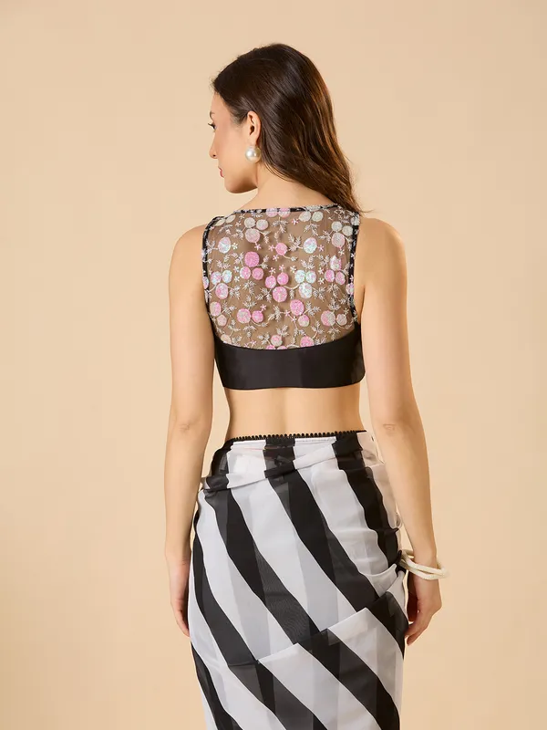 Solid black silk ready made blouse with round neck