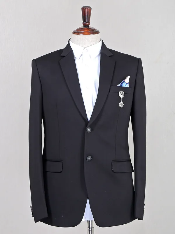 Solid black terry rayon blazer for men