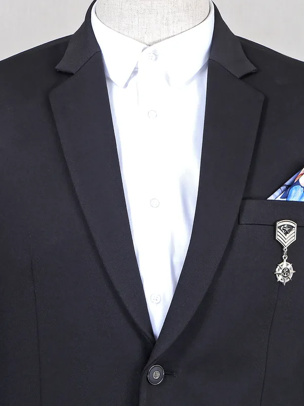 Solid black terry rayon blazer for men