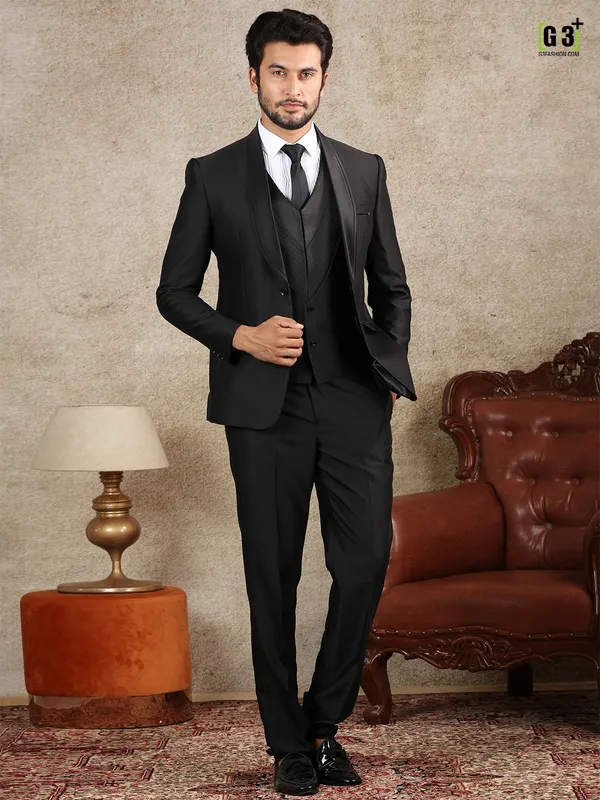 Solid black terry rayon coat suit set for men