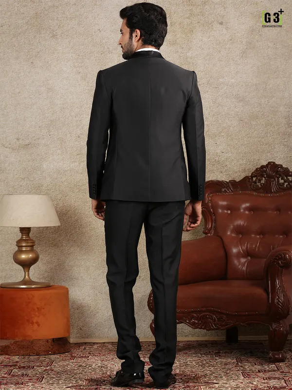 Solid black terry rayon coat suit set for men