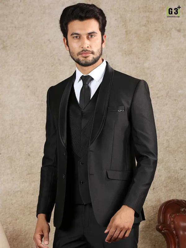Solid black terry rayon coat suit set for men
