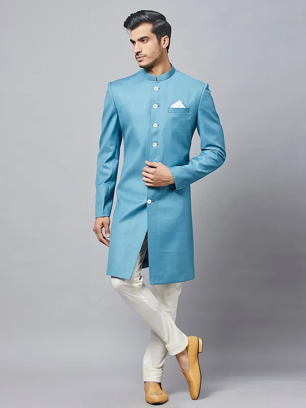 Solid blue cotton silk party wear indo western