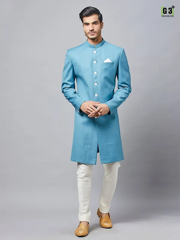 Solid blue cotton silk party wear indo western