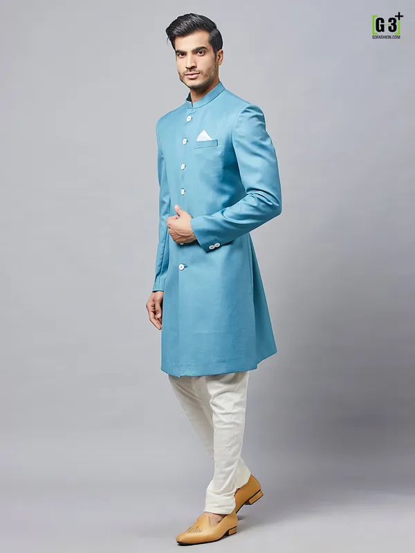 Solid blue cotton silk party wear indo western