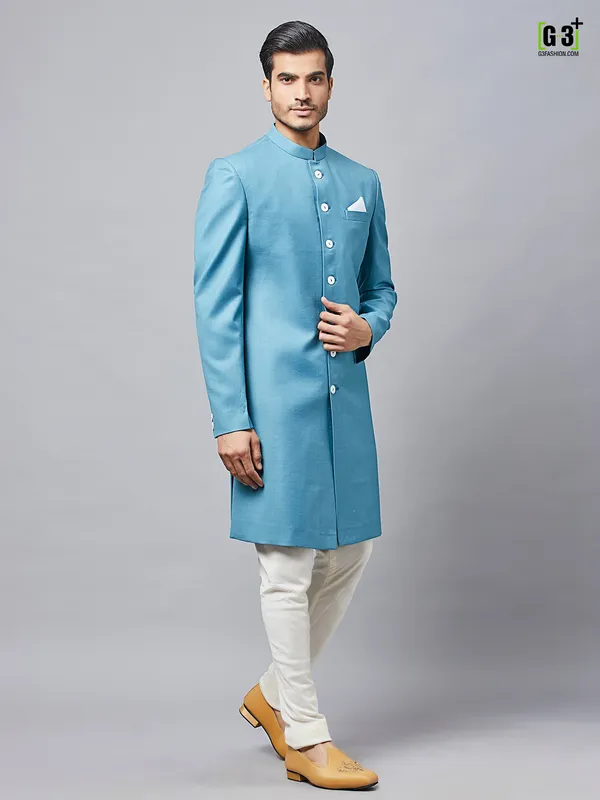 Solid blue cotton silk party wear indo western