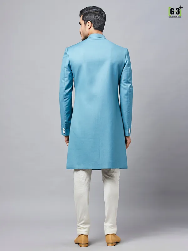 Solid blue cotton silk party wear indo western