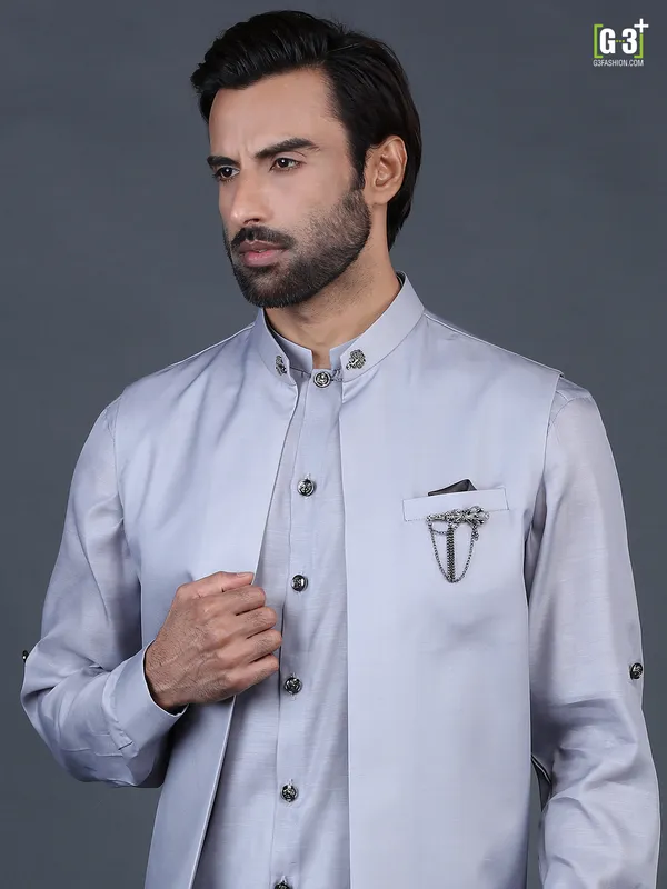Solid grey cotton silk cotton silk waistcoat set