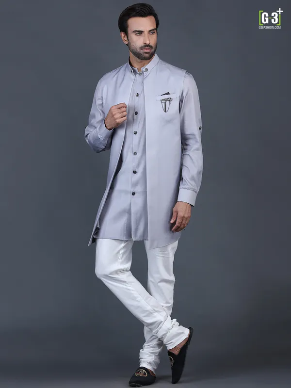 Solid grey cotton silk cotton silk waistcoat set