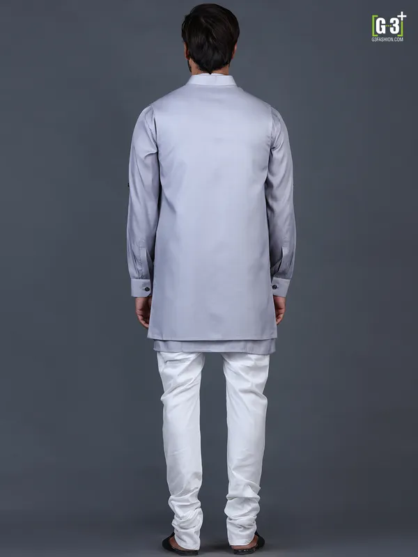 Solid grey cotton silk cotton silk waistcoat set