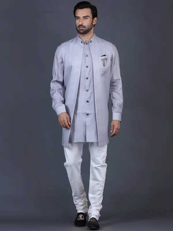Solid grey cotton silk cotton silk waistcoat set
