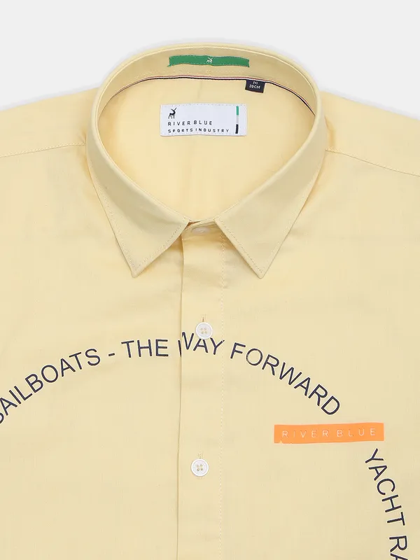 Solid lemon yellow casual cotton shirt for mens