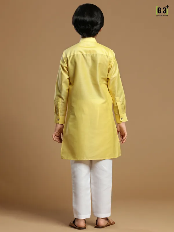 Solid light yellow boys cotton kurta suit