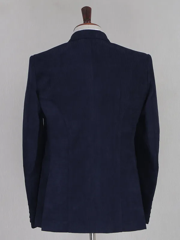 Solid navy party wear blazer in corduroy for men