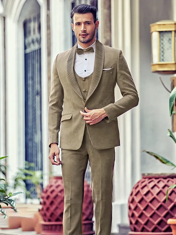 Solid olive suede coat suit for reception