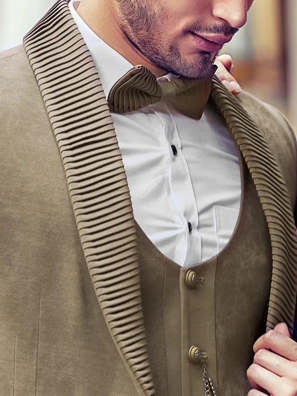 Solid olive suede coat suit for reception