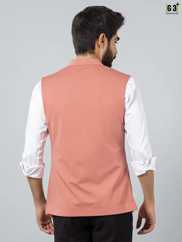 Solid peach cotton silk waistcoats set for men