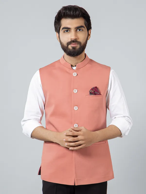 Solid peach cotton silk waistcoats set for men