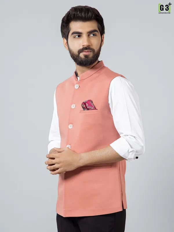 Solid peach cotton silk waistcoats set for men