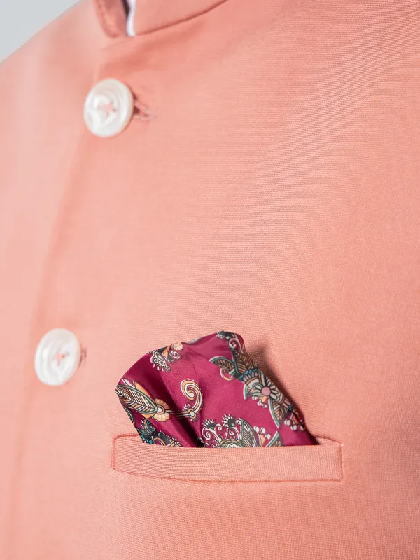 Solid peach cotton silk waistcoats set for men