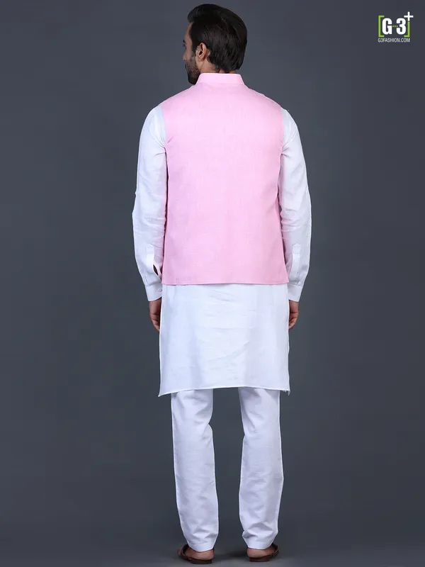 Solid pink linen mens waistcoat set